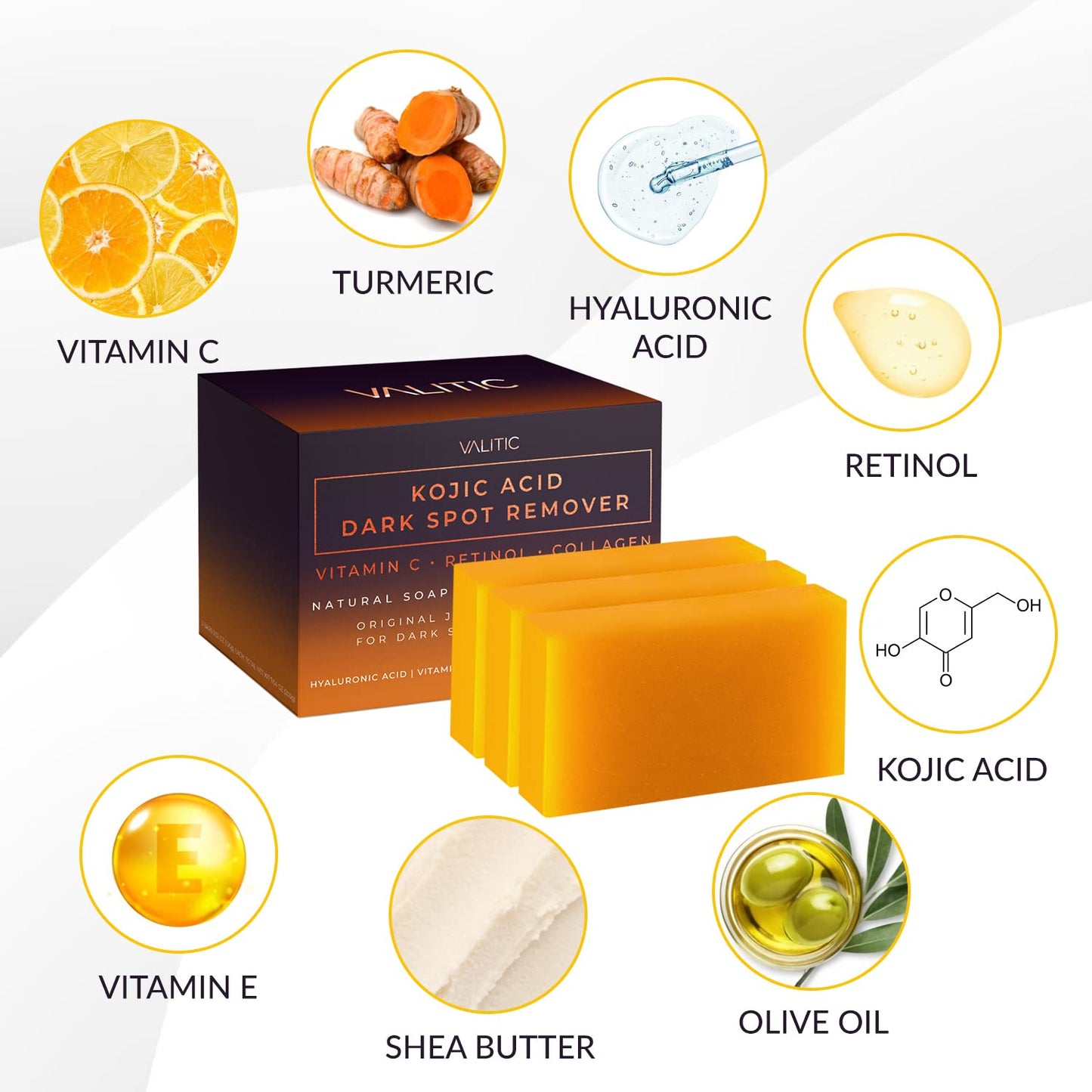 VALITIC - Stickseife mit Kojisäure zur Entfernung dunkler Flecken, Vitamin C, Retinol, Kollagen und Kurkuma (Original Japan)