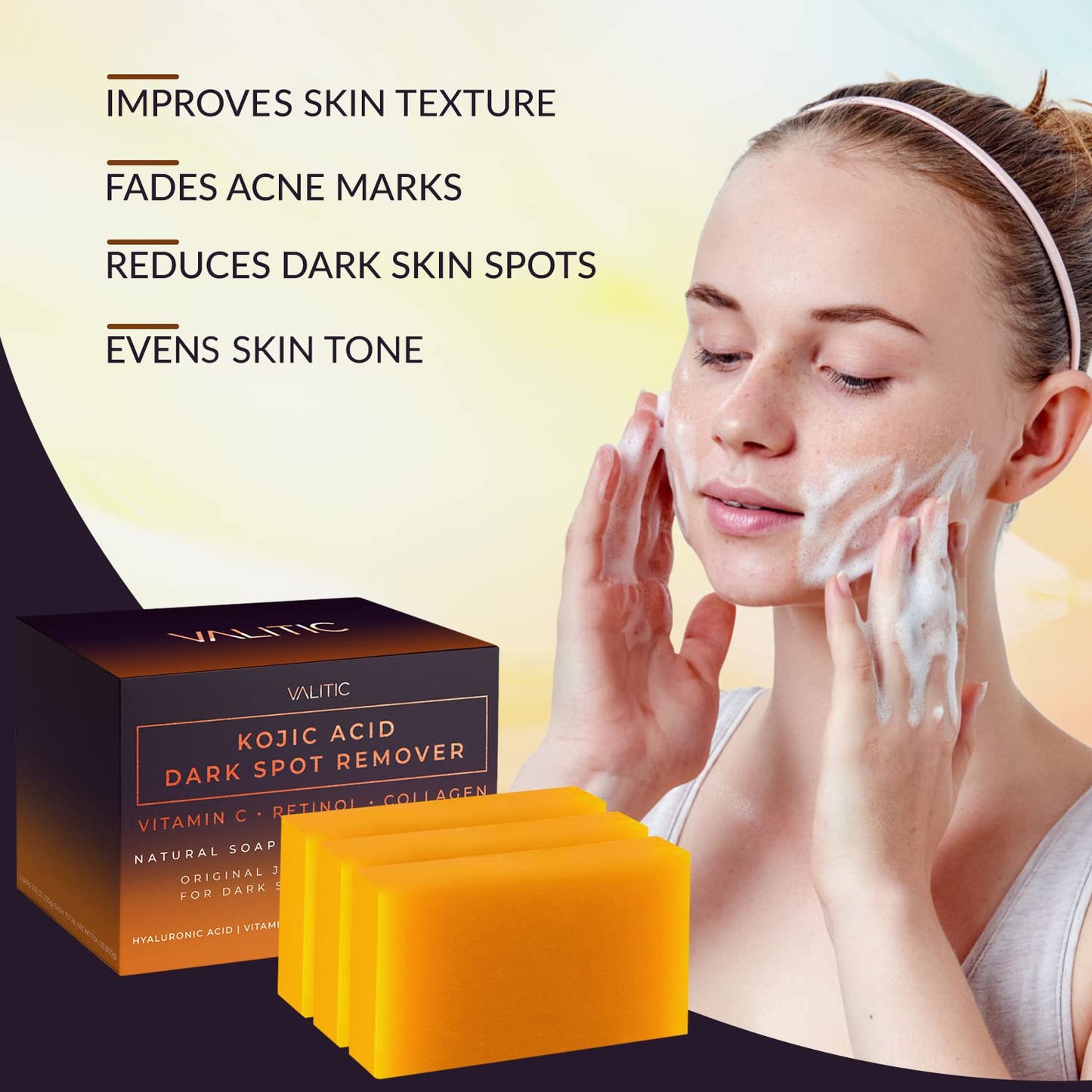 VALITIC - Stickseife mit Kojisäure zur Entfernung dunkler Flecken, Vitamin C, Retinol, Kollagen und Kurkuma (Original Japan)