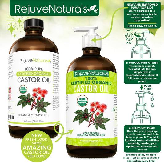 Organic Castor Oil (16oz Glass Bottle) USDA Certified Organic, 100% Pure, Cold Pressed, Hexane Free. Boost Hair Growth for Hair, Eyelashes & Eyebrows. Natural Dry Skin Moisturizer by RejuveNaturals