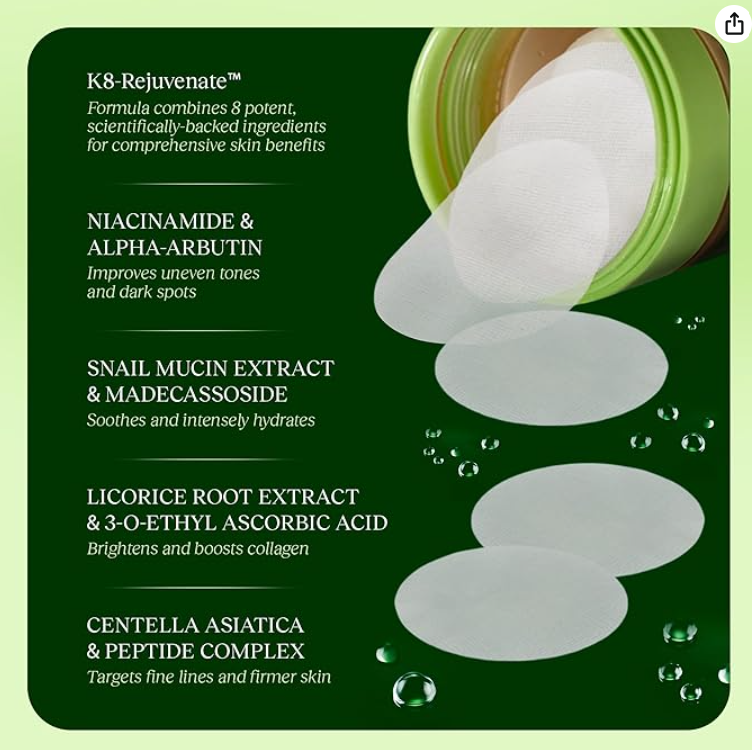 Toning Polish Pads – Koreanische Hautpflege für dunkle Flecken, Falten und fahle Haut – Feuchtigkeitsspendende Gesichtsbehandlung mit Schneckenschleim, Niacinamid, Peptiden und Centella – 100 Stück