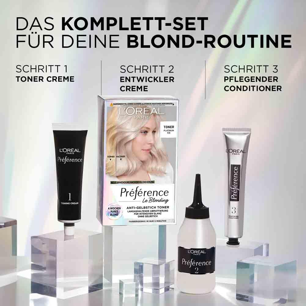 L'Oréal Paris Permanente Haarfarbe mit kühlem Farbergebnis, Haarfärbeset mit Coloration und Anti Gelbstich Pflegebalsam, Préférence Cool Blondes