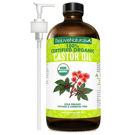 Organic Castor Oil (16oz Glass Bottle) USDA Certified Organic, 100% Pure, Cold Pressed, Hexane Free. Boost Hair Growth for Hair, Eyelashes & Eyebrows. Natural Dry Skin Moisturizer by RejuveNaturals