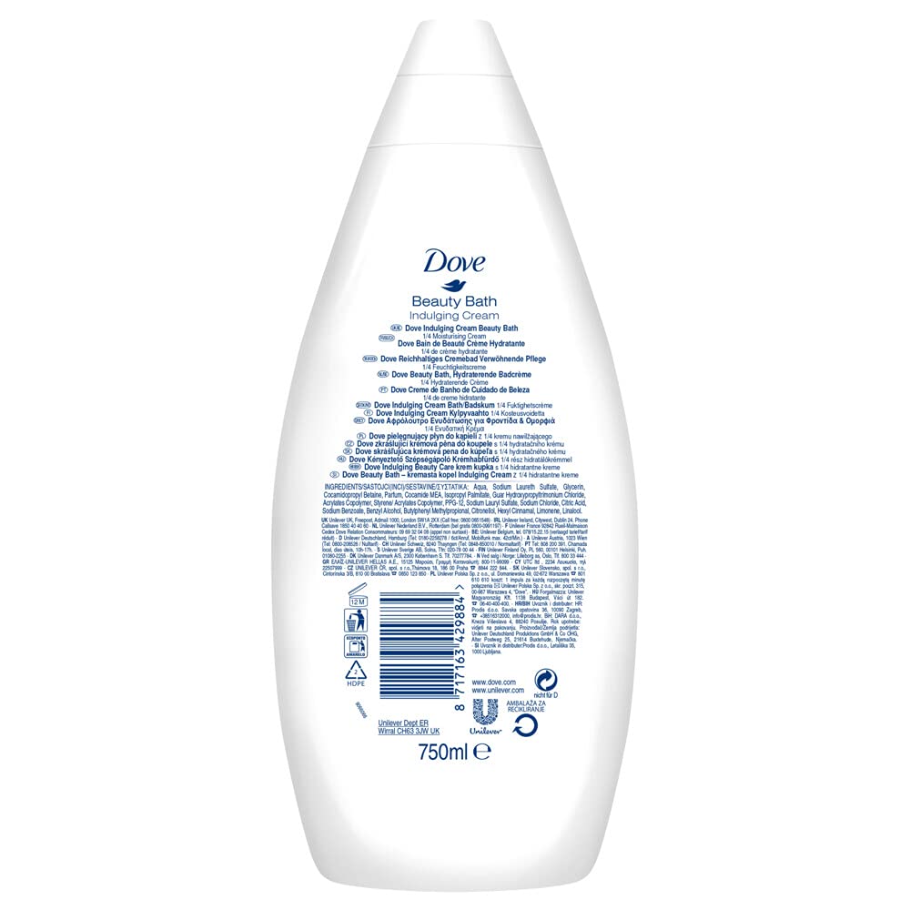 Dove Badezusatz Cremebad Reichhaltige Pflege für trockene Haut mit ¼ Feuchtigkeitscreme und verwöhnendem Badeschaum 750 ml 1 Stück