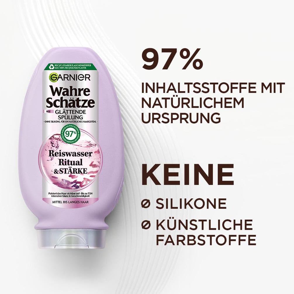Garnier Wahre Schätze Glättendes Haarpflege-Set für mittellanges bis langes Haar, Ritual & Stärke Reiswasser-Shampoo (250 ml), Reiswasser-Spülung (200 ml), Reiswasser 1-Minute Haarkur (340 ml)