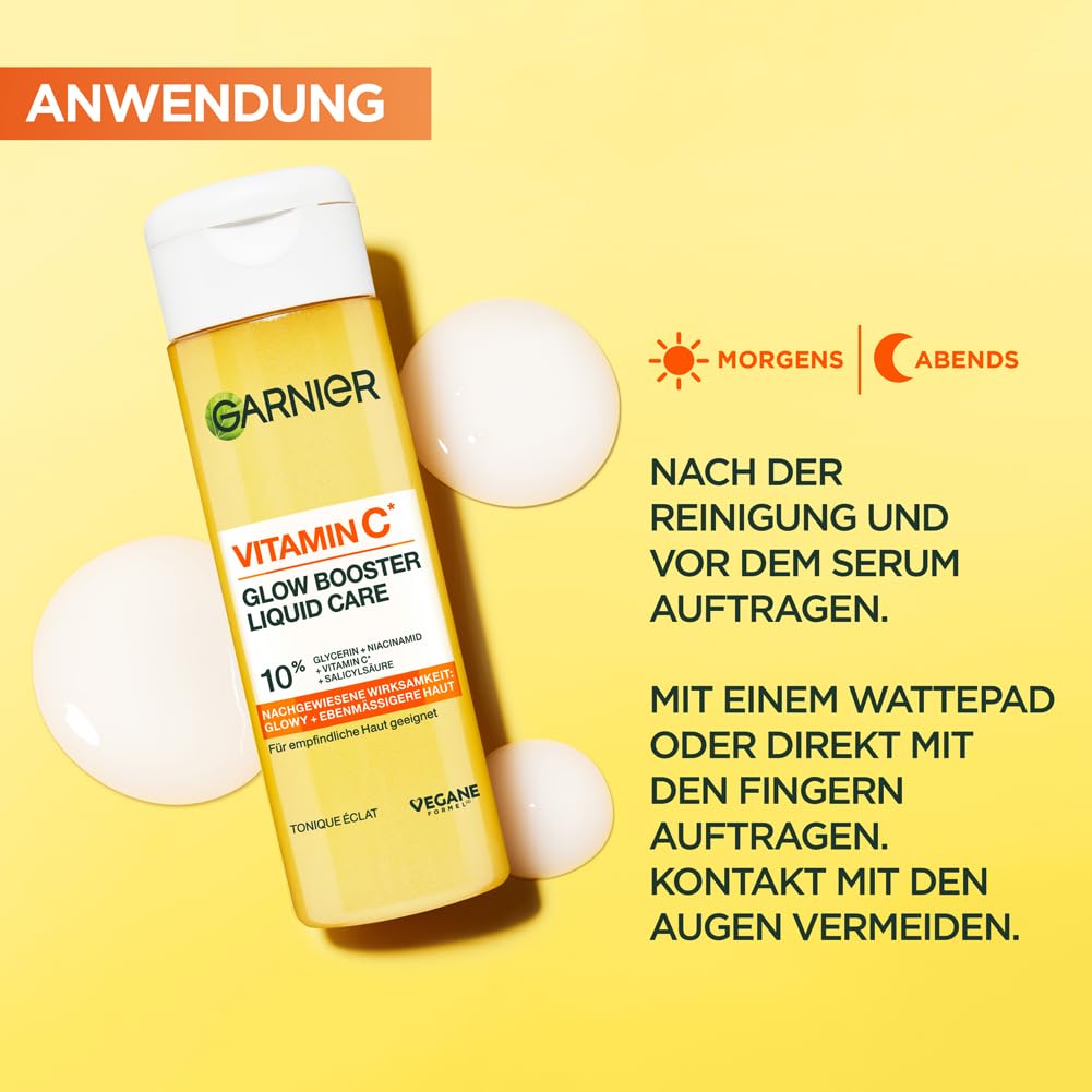 Garnier Vitamin C Glow Booster Liquid Care Gesichtsfluid, Toner mit Niacinamid & Salicylsäure für strahlenden & ebenmäßigen Teint, sofortiger Feuchtigkeits-Boost, vegan, 120ml
