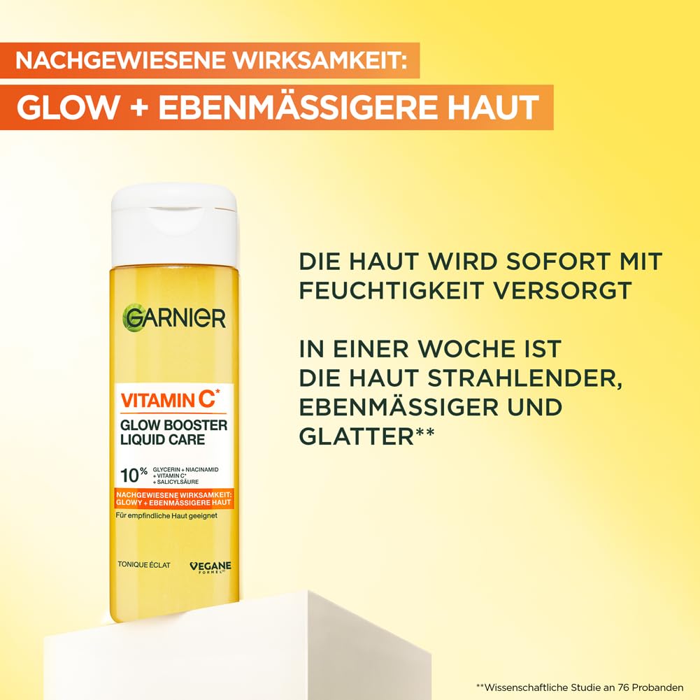 Garnier Vitamin C Glow Booster Liquid Care Gesichtsfluid, Toner mit Niacinamid & Salicylsäure für strahlenden & ebenmäßigen Teint, sofortiger Feuchtigkeits-Boost, vegan, 120ml