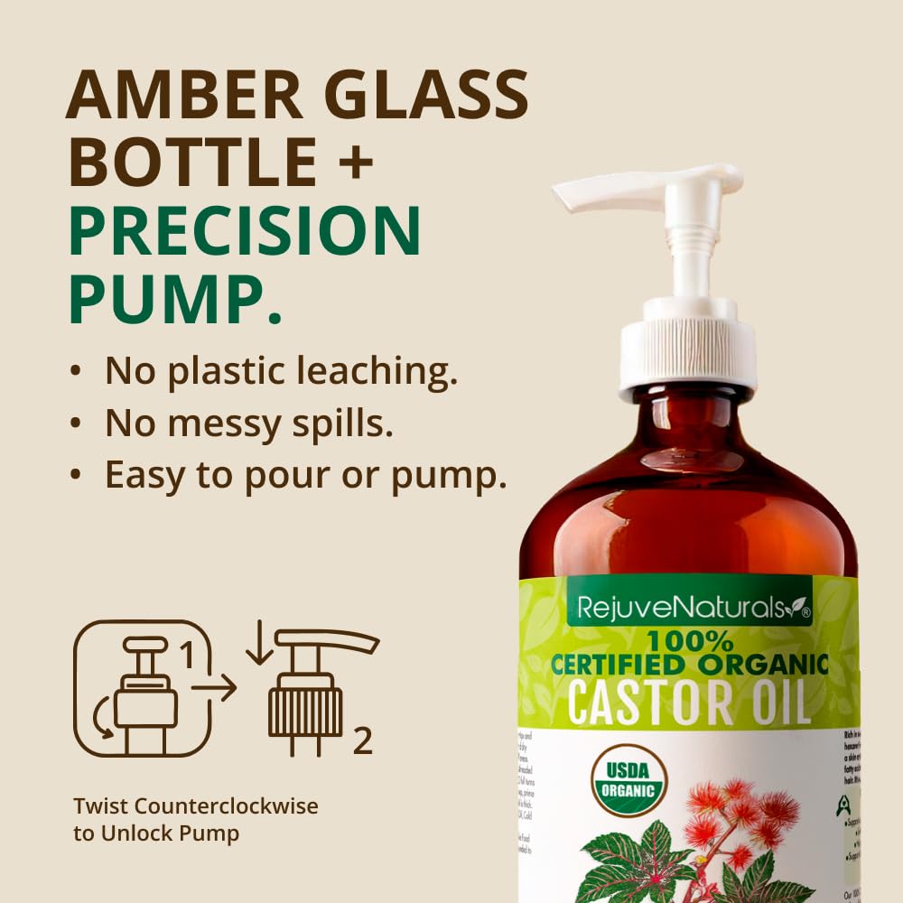 Organic Castor Oil (16oz Glass Bottle) USDA Certified Organic, 100% Pure, Cold Pressed, Hexane Free. Boost Hair Growth for Hair, Eyelashes & Eyebrows. Natural Dry Skin Moisturizer by RejuveNaturals