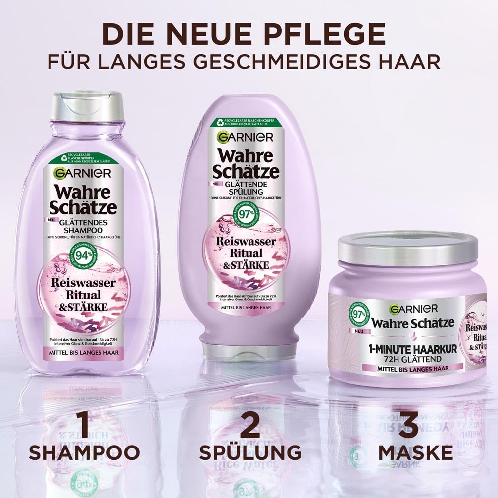 Garnier Wahre Schätze Glättendes Haarpflege-Set für mittellanges bis langes Haar, Ritual & Stärke Reiswasser-Shampoo (250 ml), Reiswasser-Spülung (200 ml), Reiswasser 1-Minute Haarkur (340 ml)