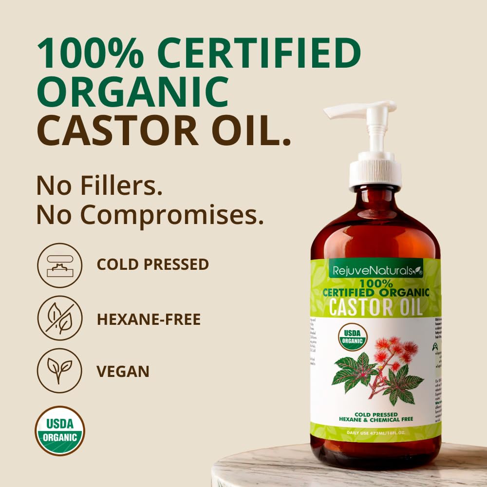 Organic Castor Oil (16oz Glass Bottle) USDA Certified Organic, 100% Pure, Cold Pressed, Hexane Free. Boost Hair Growth for Hair, Eyelashes & Eyebrows. Natural Dry Skin Moisturizer by RejuveNaturals