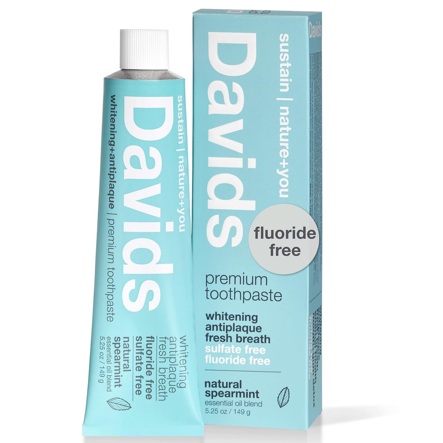 Davids Natural Toothpaste, SPEARMINT, Whitening, Antiplaque, Fluoride Free, SLS Free, 5.25 OZ Metal Tube, Tube Roller Incl.