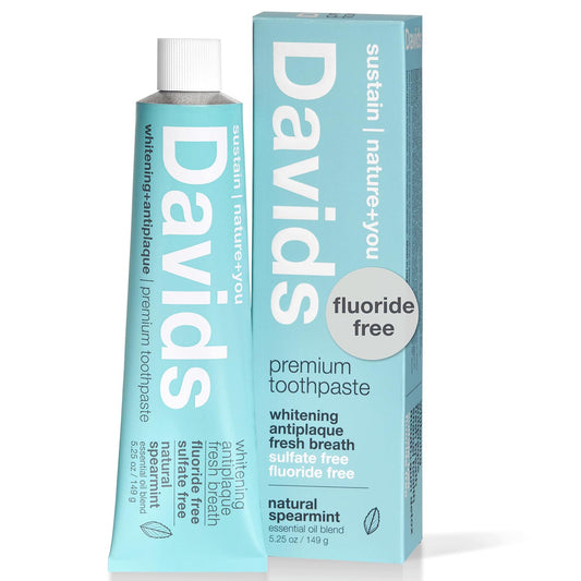 Davids Natural Toothpaste, SPEARMINT, Whitening, Antiplaque, Fluoride Free, SLS Free, 5.25 OZ Metal Tube, Tube Roller Incl.
