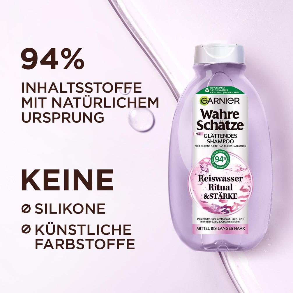 Garnier Wahre Schätze Glättendes Haarpflege-Set für mittellanges bis langes Haar, Ritual & Stärke Reiswasser-Shampoo (250 ml), Reiswasser-Spülung (200 ml), Reiswasser 1-Minute Haarkur (340 ml)