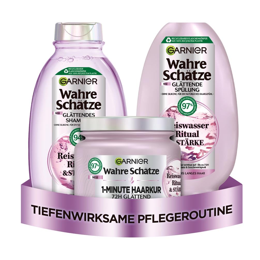 Garnier Wahre Schätze Glättendes Haarpflege-Set für mittellanges bis langes Haar, Ritual & Stärke Reiswasser-Shampoo (250 ml), Reiswasser-Spülung (200 ml), Reiswasser 1-Minute Haarkur (340 ml)
