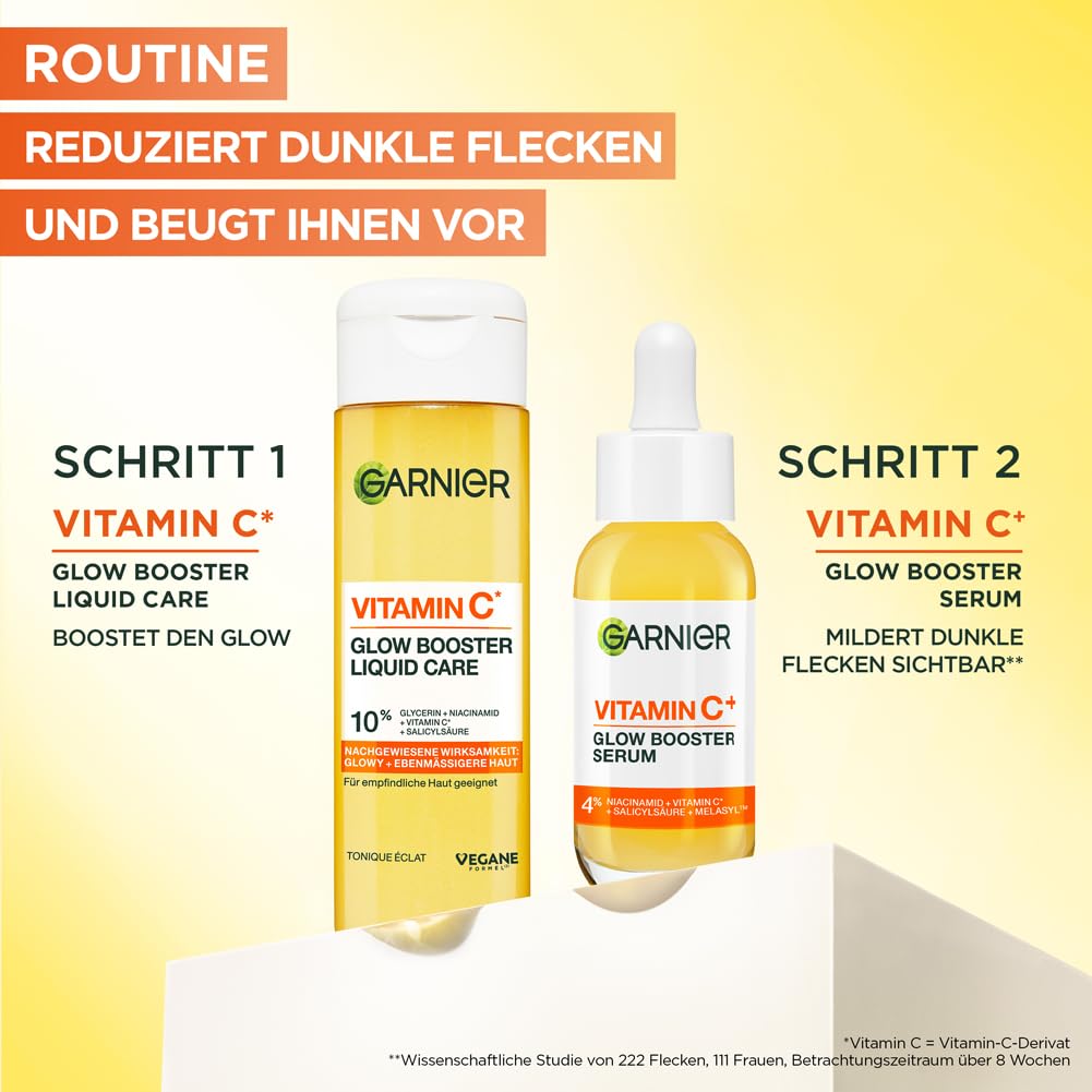 Garnier Vitamin C Glow Booster Liquid Care Gesichtsfluid, Toner mit Niacinamid & Salicylsäure für strahlenden & ebenmäßigen Teint, sofortiger Feuchtigkeits-Boost, vegan, 120ml