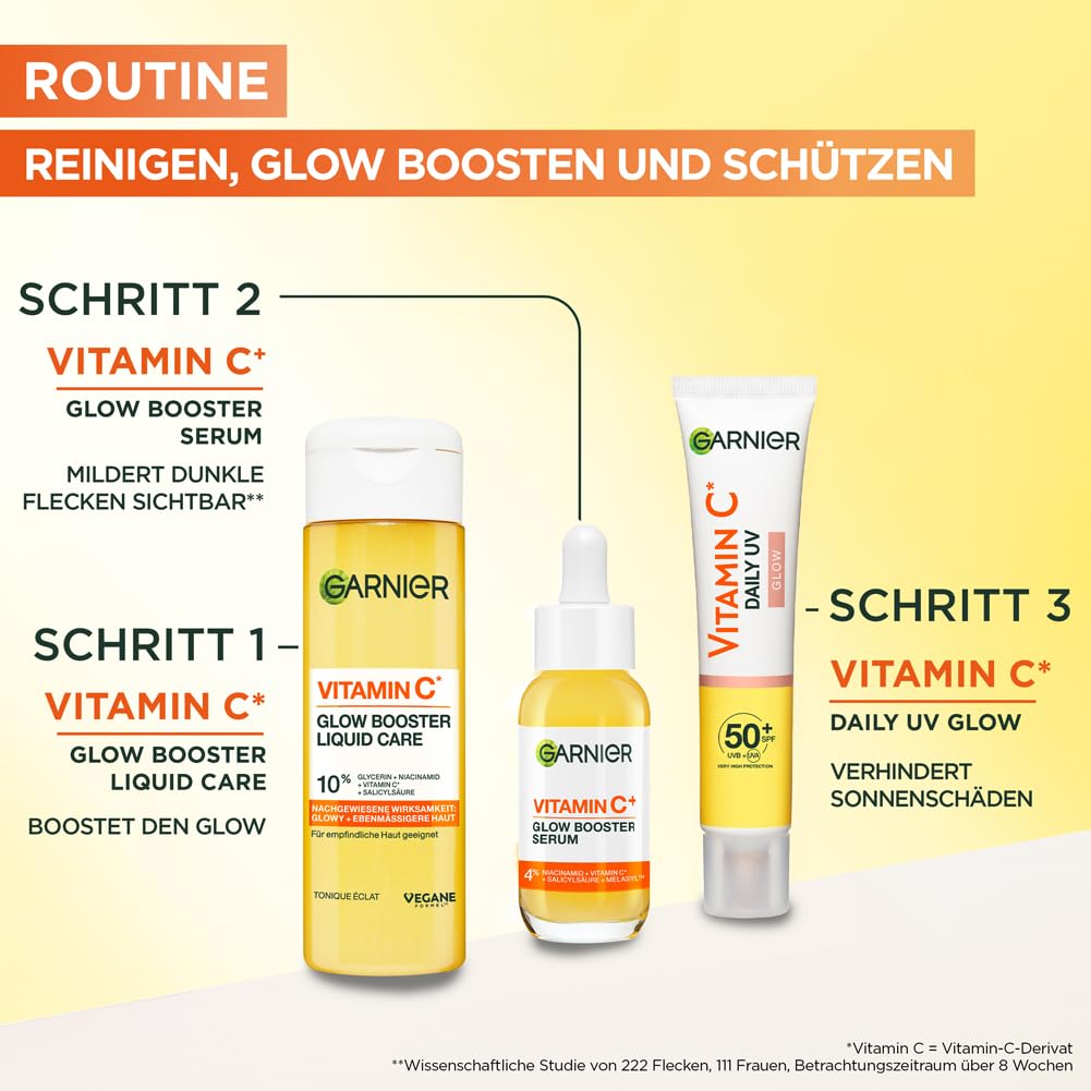 Garnier Vitamin C Glow Booster Liquid Care Gesichtsfluid, Toner mit Niacinamid & Salicylsäure für strahlenden & ebenmäßigen Teint, sofortiger Feuchtigkeits-Boost, vegan, 120ml