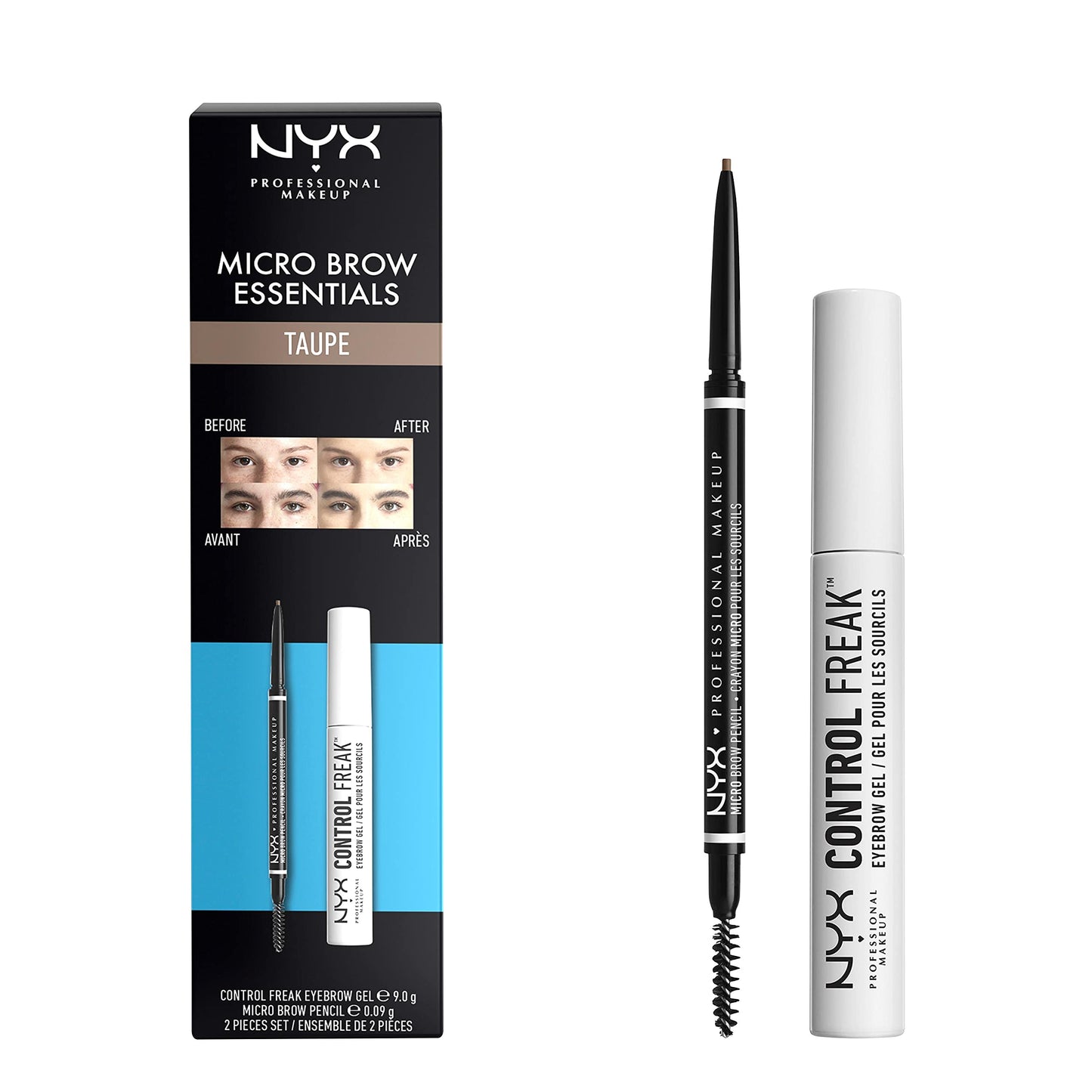 NYX Professional Makeup Brow Essentials Micro Brow Pencil & Control Freak Clear Brow Gel, Doppel-Set, Farbton: Taupe