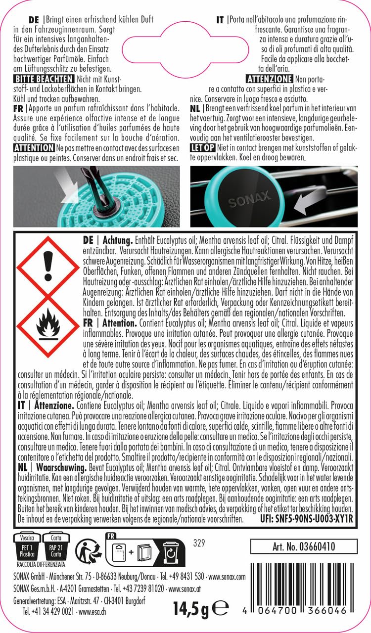 6x SONAX Air Freshener Ice-Fresh (1 Stück) frischer Duft und lang anhaltendes Dufterlebnis für den Fahrzeuginnenraum | Art-Nr. 03660411