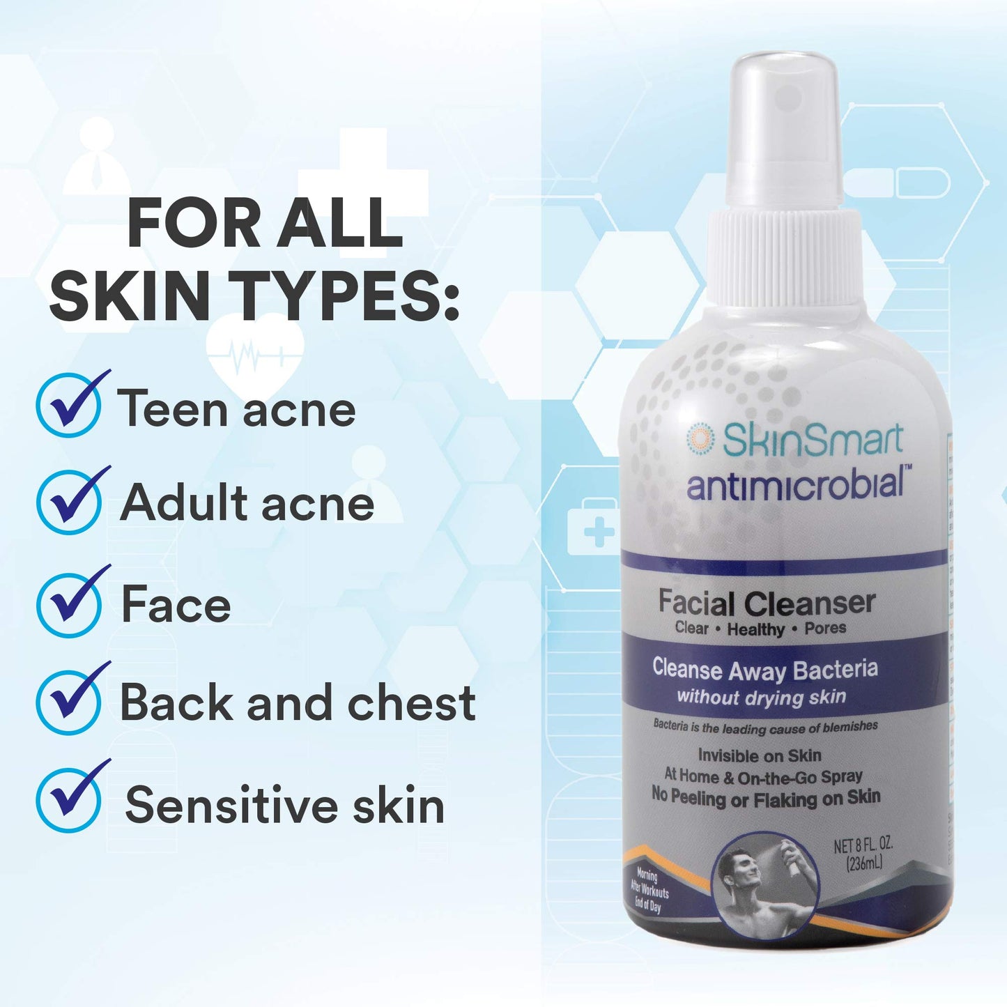 SkinSmart Gesichtsreiniger für Akne, zielt auf Bakterien für aktive Teenagersportler nach dem Training und Akne für Erwachsene, 237 ml Sprühflasche, sicher für mehrere tägliche Anwendungen