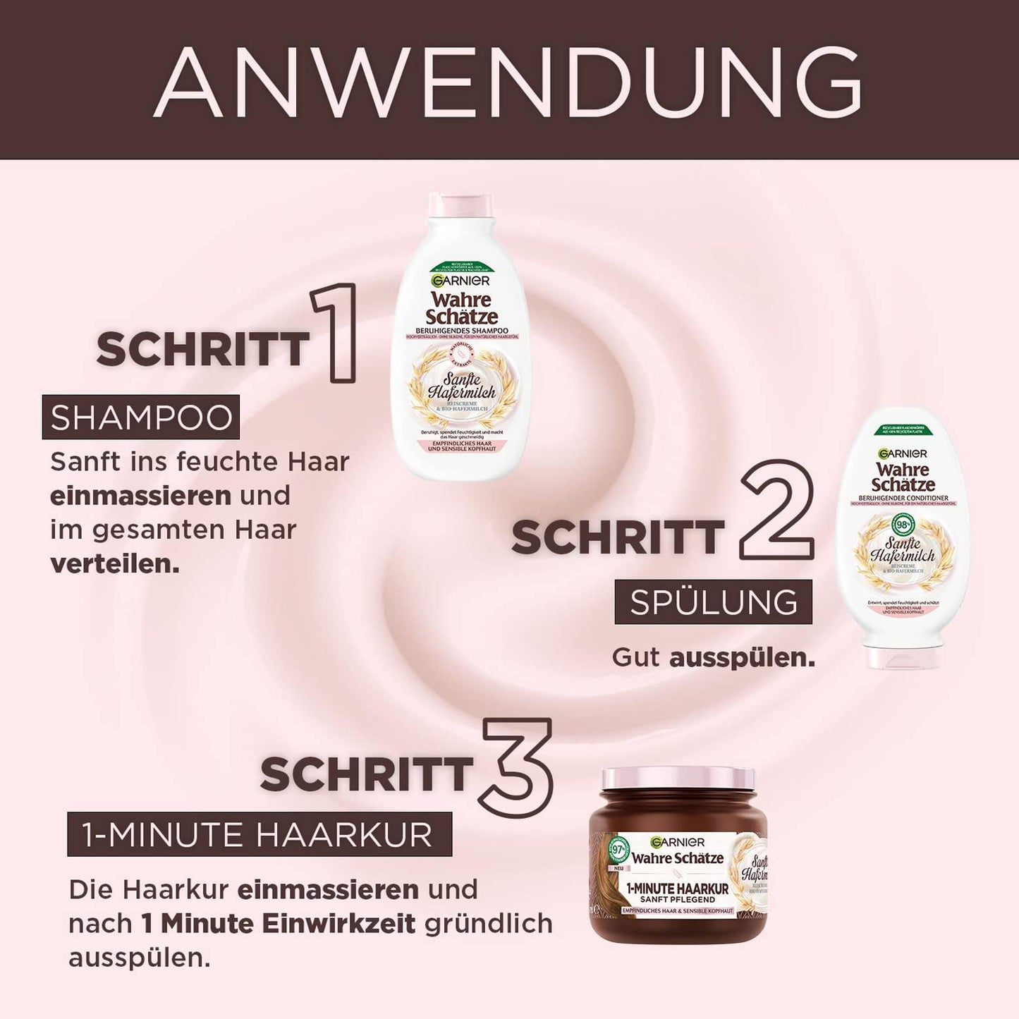 Garnier Wahre Schätze Beruhigende Spülung Sanfte Hafermilch, entwirrt und spendet Feuchtigkeit, für empfindliches Haar und sensible Kopfhaut, 3 x 200 ml