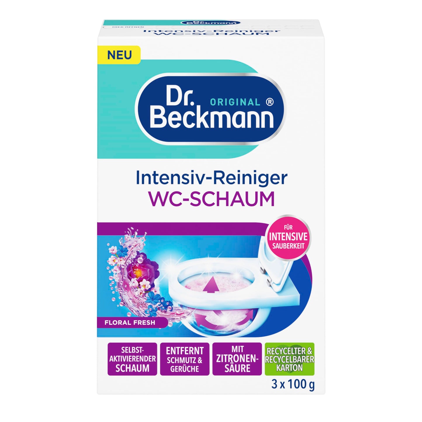 Dr. Beckmann Aktivkohle Wc-Schaum | Selbstaktivierender Schaum 3x 100 g | Floral Fresh