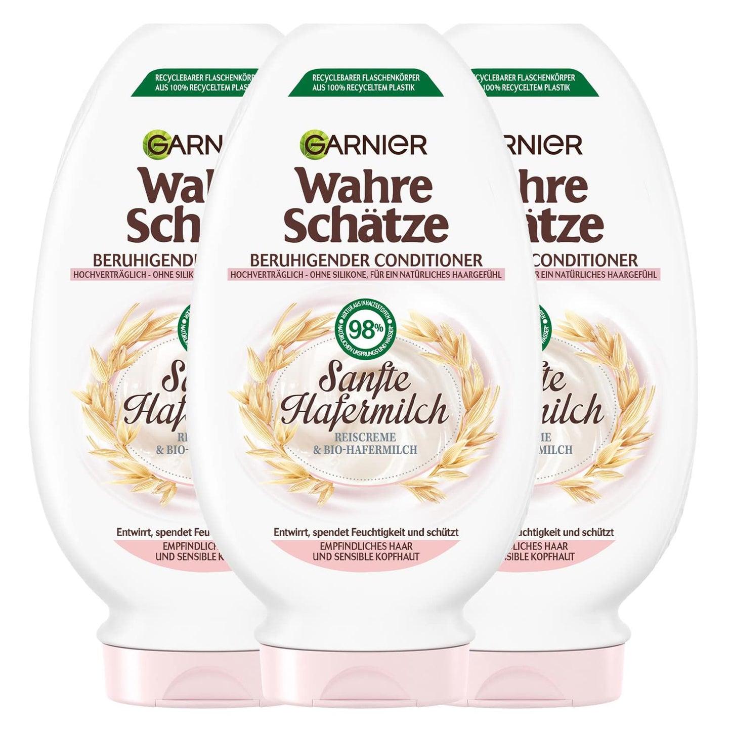Garnier Wahre Schätze Beruhigende Spülung Sanfte Hafermilch, entwirrt und spendet Feuchtigkeit, für empfindliches Haar und sensible Kopfhaut, 3 x 200 ml
