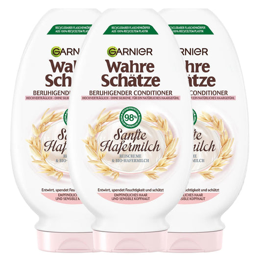 Garnier Wahre Schätze Beruhigende Spülung Sanfte Hafermilch, entwirrt und spendet Feuchtigkeit, für empfindliches Haar und sensible Kopfhaut, 3 x 200 ml