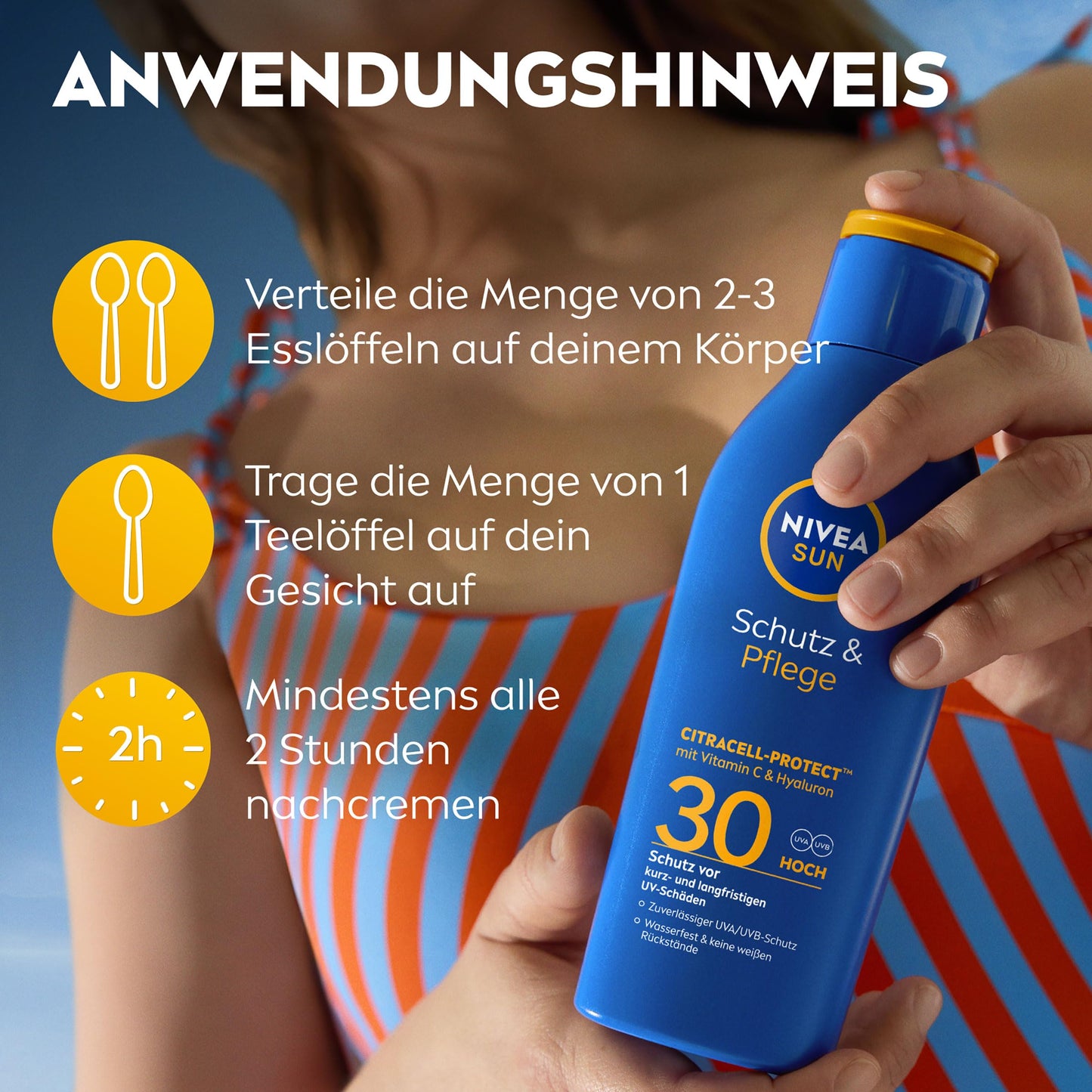 NIVEA SUN Schutz & Pflege Sonnenlotion LSF 30, wasserfester Sonnenschutz mit Vitamin C & Hyaluron, schnell einziehende Sonnencreme für 48h Feuchtigkeit ohne weißen Film (200 ml)