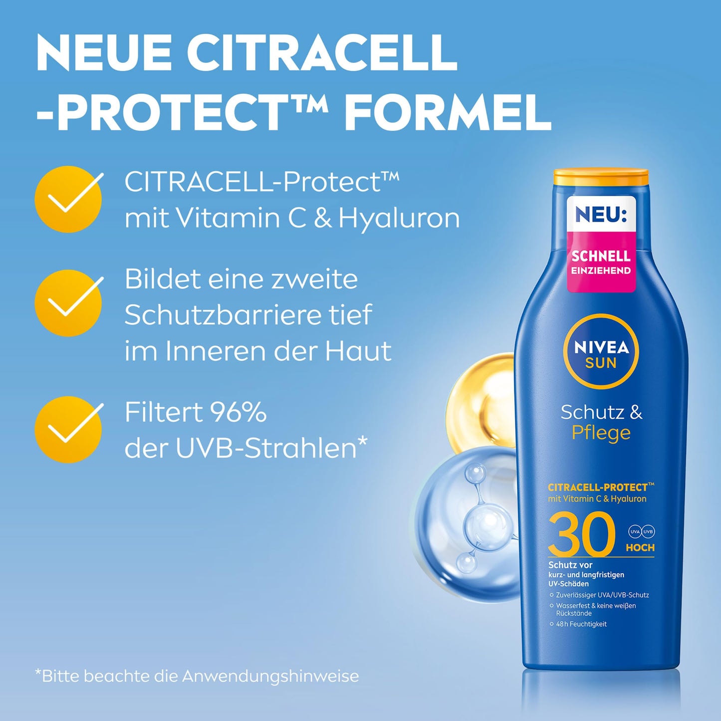 NIVEA SUN Schutz & Pflege Sonnenlotion LSF 30, wasserfester Sonnenschutz mit Vitamin C & Hyaluron, schnell einziehende Sonnencreme für 48h Feuchtigkeit ohne weißen Film (200 ml)
