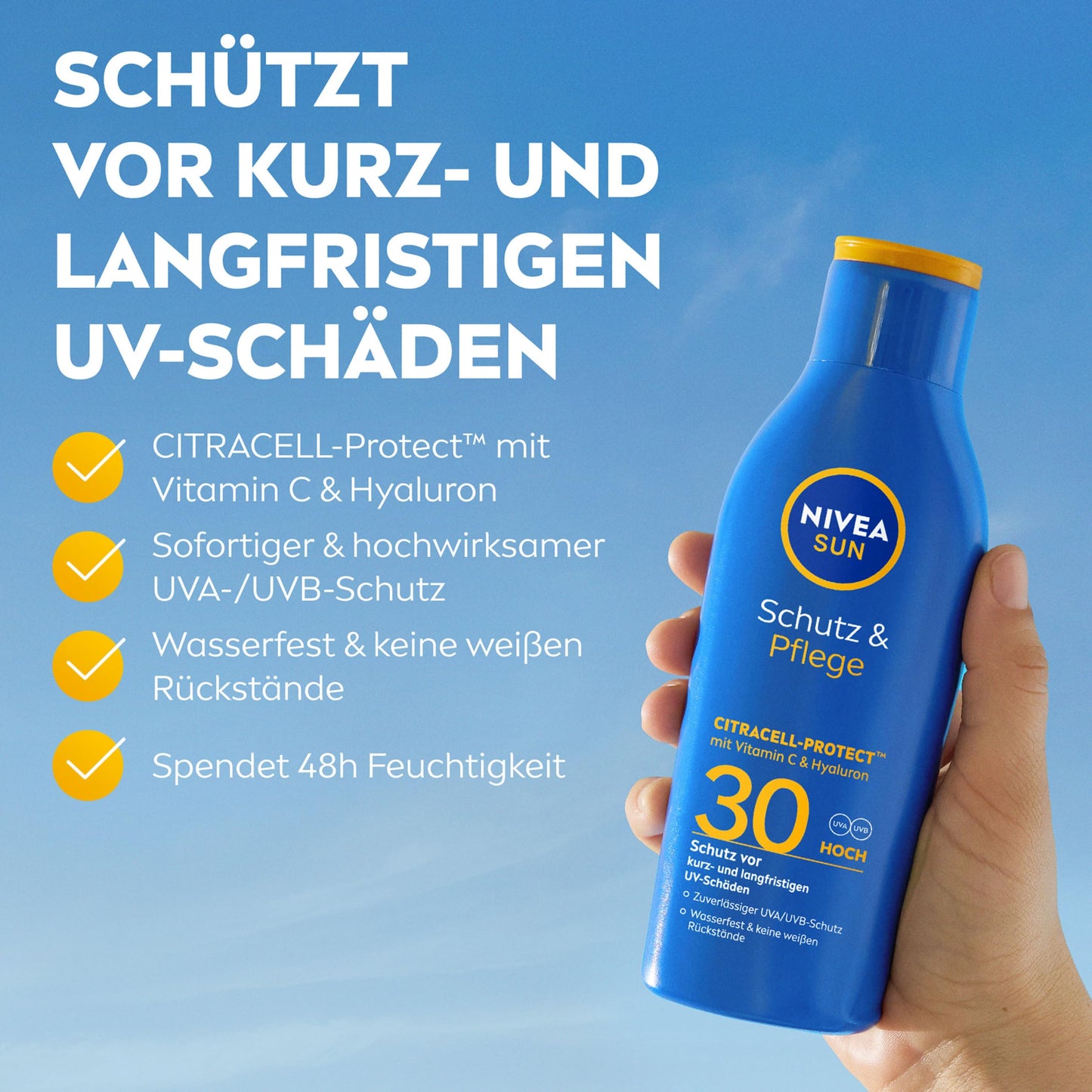 NIVEA SUN Schutz & Pflege Sonnenlotion LSF 30, wasserfester Sonnenschutz mit Vitamin C & Hyaluron, schnell einziehende Sonnencreme für 48h Feuchtigkeit ohne weißen Film (200 ml)