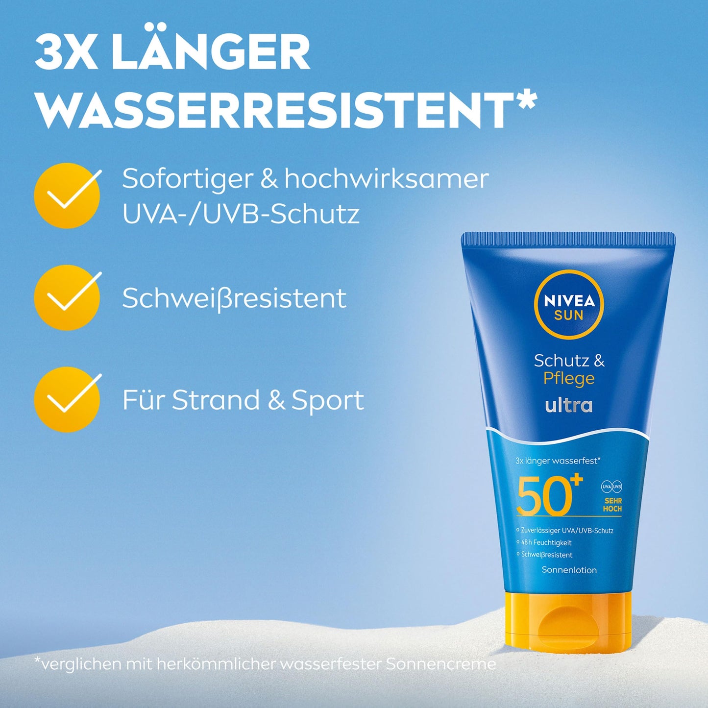 NIVEA SUN Schutz & Pflege Ultra Lotion LSF 50+, schweißresistenter Sonnenschutz mit Vitamin C & Hyaluron, 3x länger wasserfeste Sonnencreme mit 48h Feuchtigkeit (150 ml)