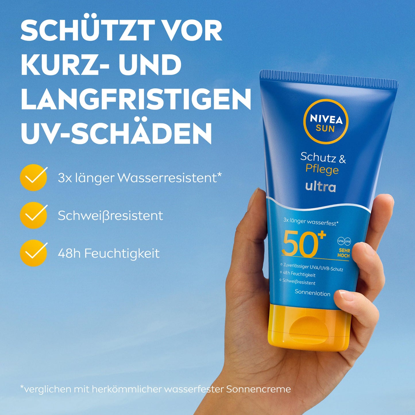 NIVEA SUN Schutz & Pflege Ultra Lotion LSF 50+, schweißresistenter Sonnenschutz mit Vitamin C & Hyaluron, 3x länger wasserfeste Sonnencreme mit 48h Feuchtigkeit (150 ml)