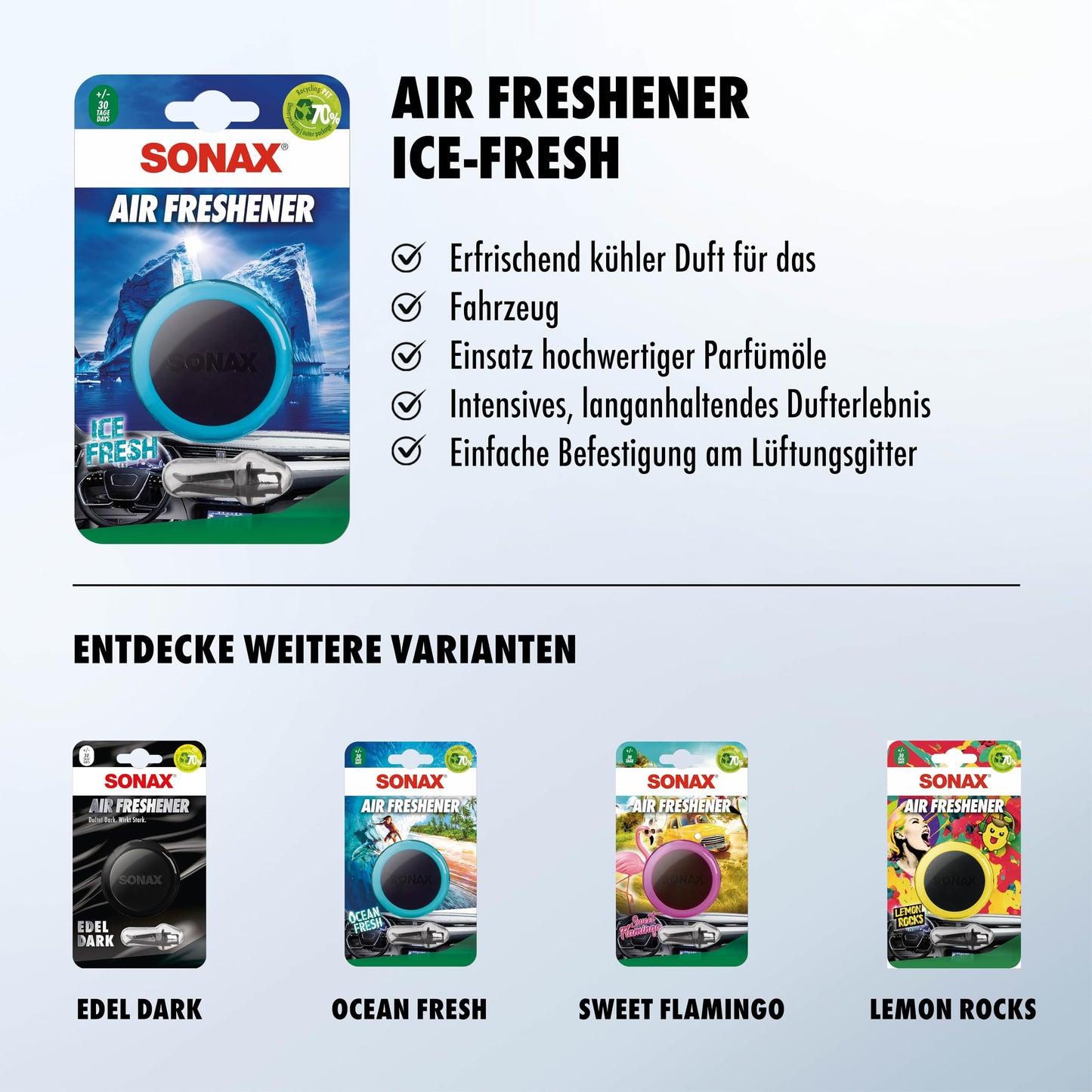 6x SONAX Air Freshener Ice-Fresh (1 Stück) frischer Duft und lang anhaltendes Dufterlebnis für den Fahrzeuginnenraum | Art-Nr. 03660411